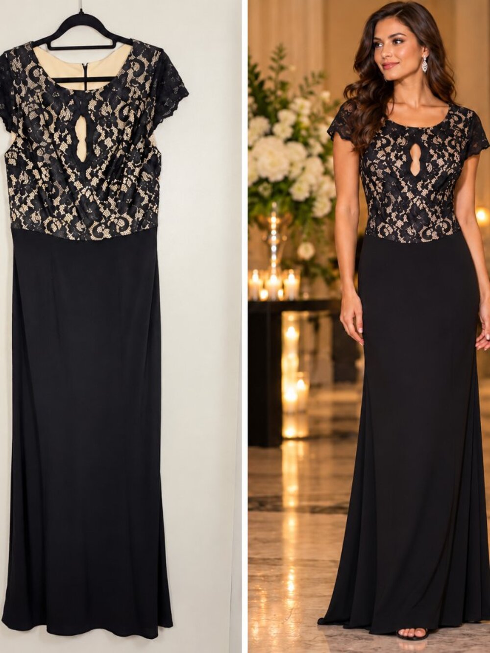 Eliza J Black Nude Floral Lace Maxi Gown Size 10 Keyhole Formal Dress